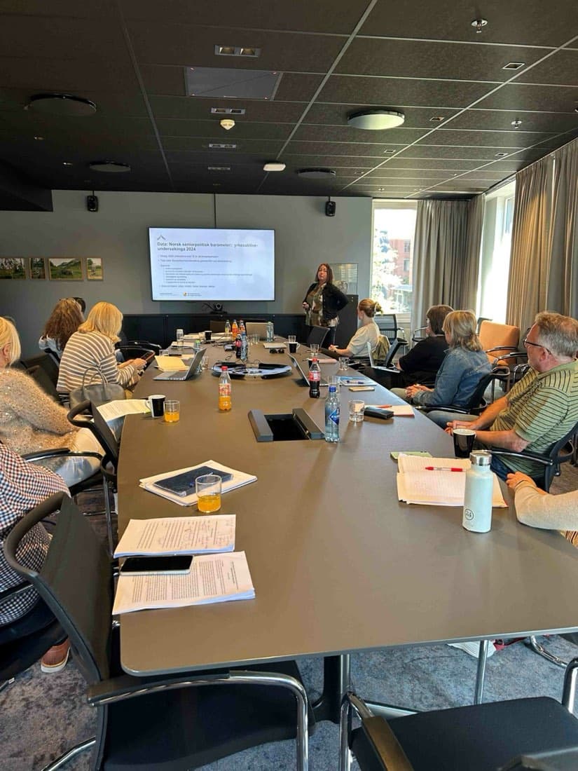 Stipendiater og forskere rundt et langbord mens en deltaker presenterer foran en skjerm